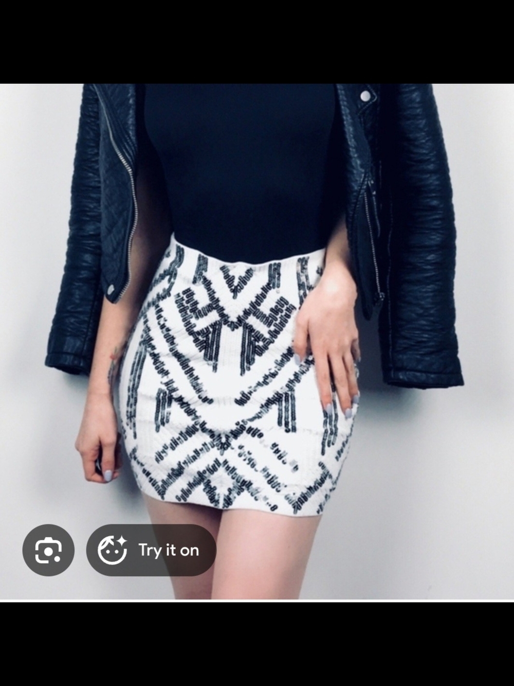 Express White Mini Skirt with Black Geometric Sequin Pattern